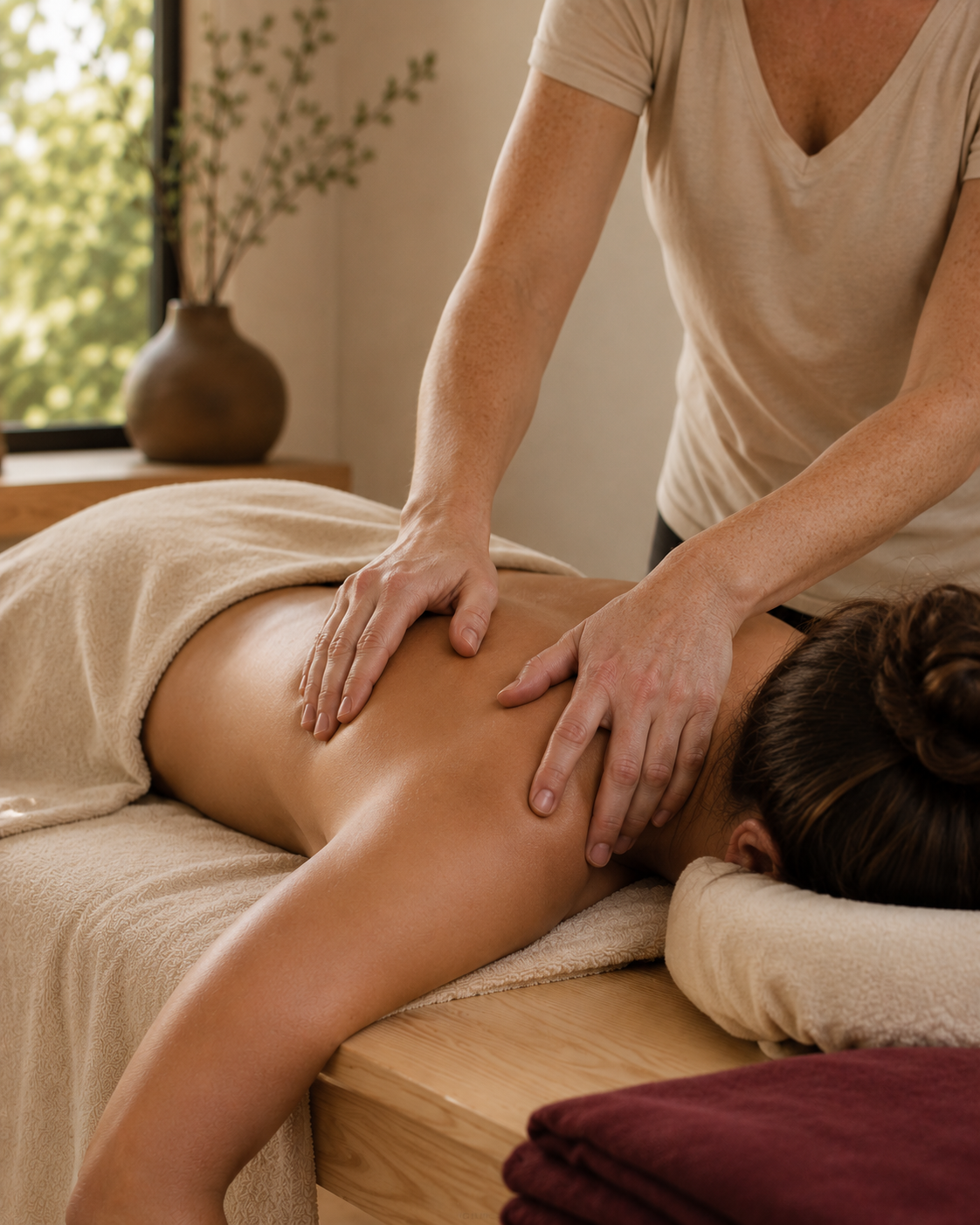 A licensed massage therapist's hands working on a patient's upper back during a therapeutic massage session