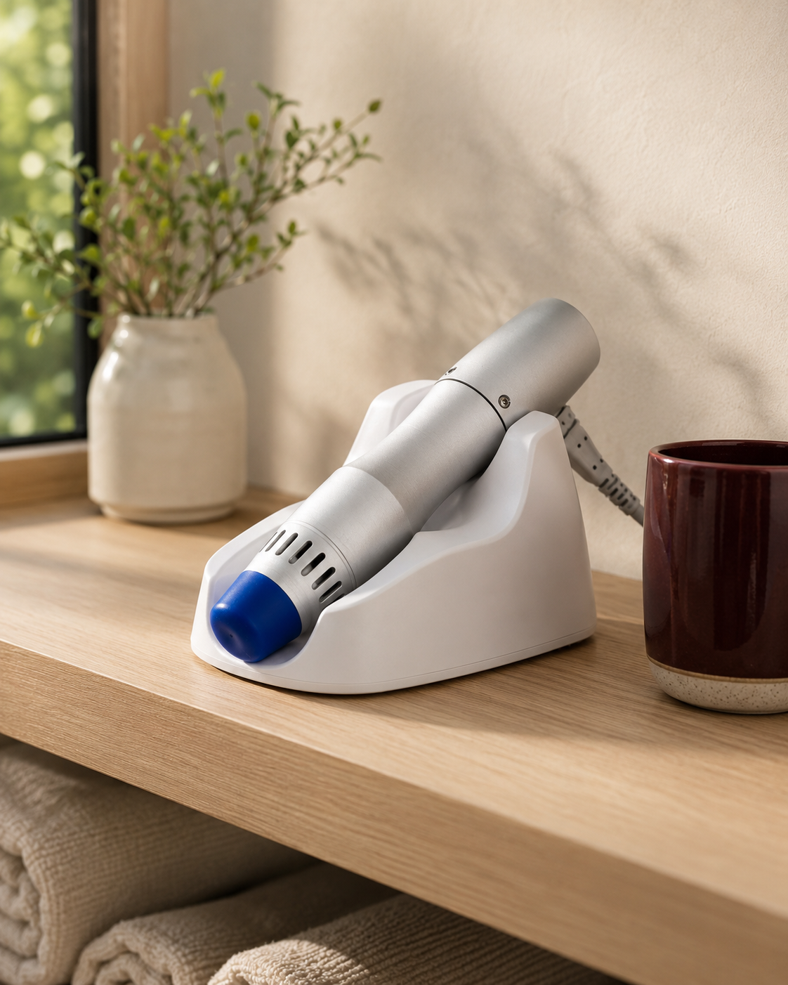 A radial shockwave therapy device handpiece resting on its dock on a clean light wood shelf in the clinic, soft window light