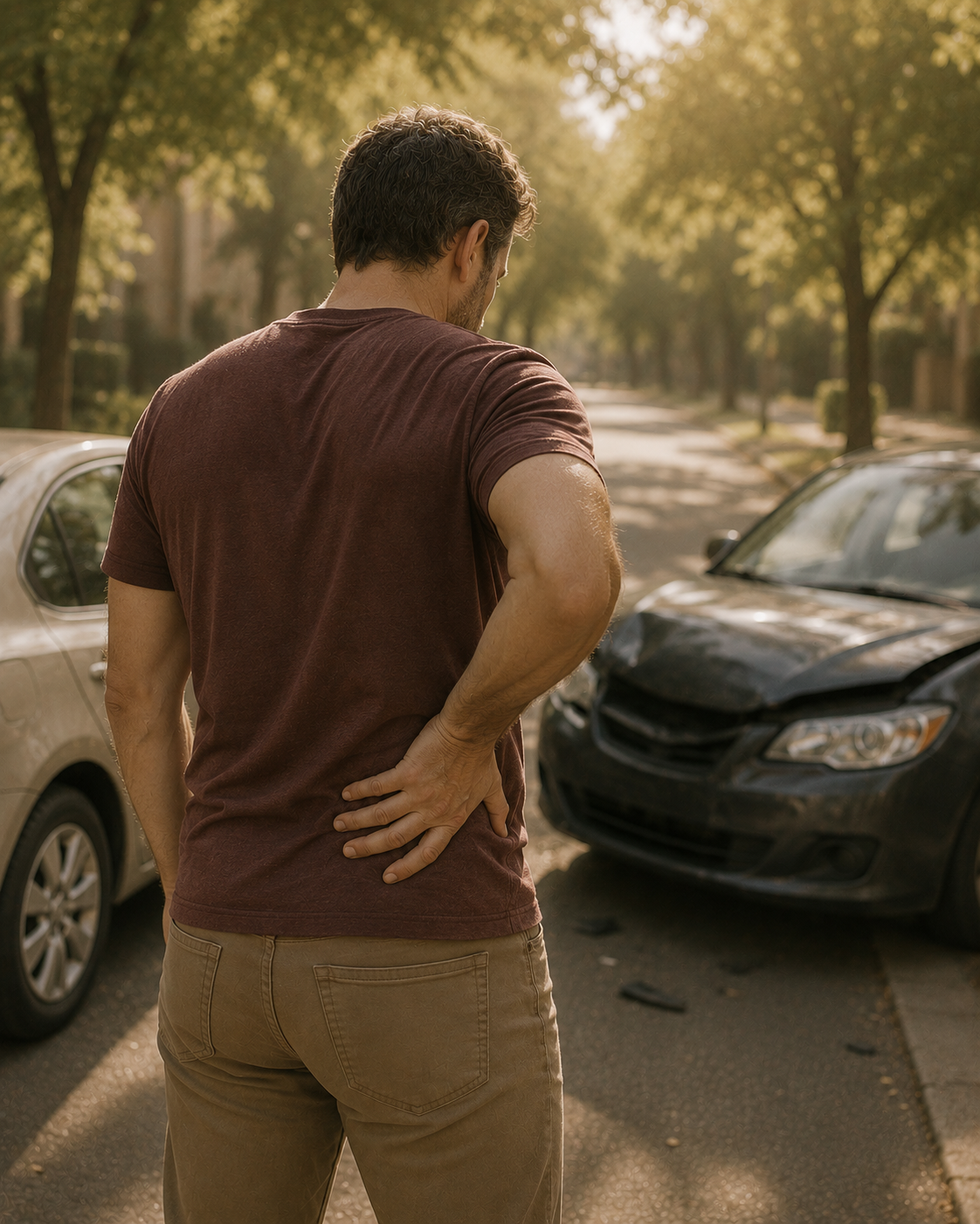 A clinician assessing a patient after a motor vehicle injury in a calm Pacific Northwest clinic