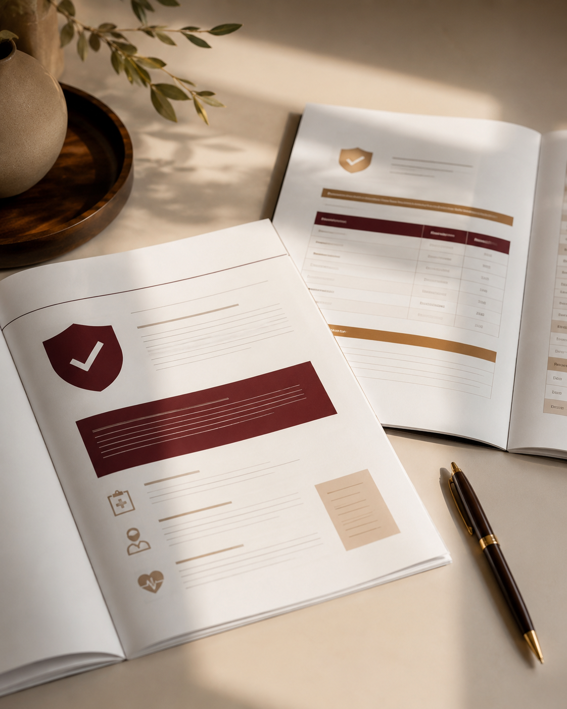 An editorial flat-lay of veteran care documents on a clean cream desk with a pen, soft natural side light, brand-burgundy and tan accents on the document graphics