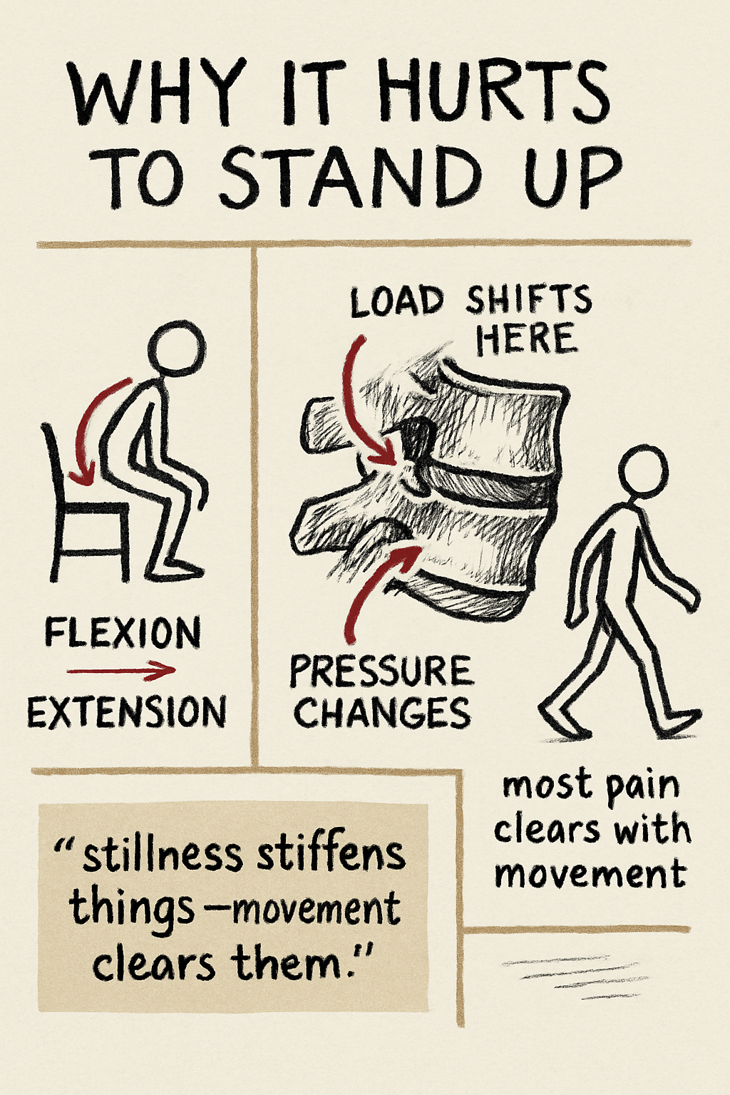 Three-panel ink sketchnote showing stick figure rising from chair, lumbar spine anatomy diagram, and upright walking figure.