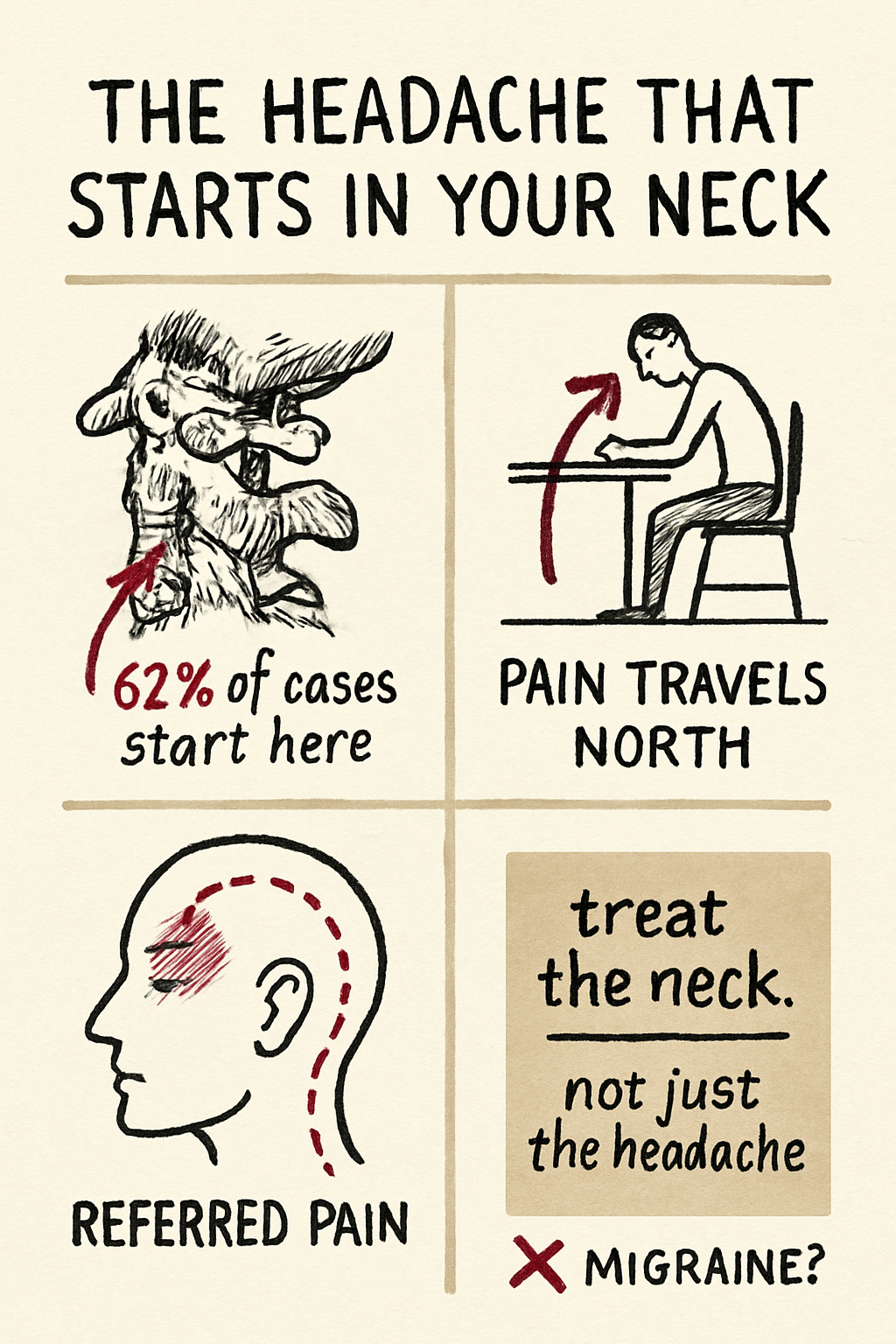 Four-panel ink sketchnote showing cervical spine anatomy, referred pain pathway, and desk posture.