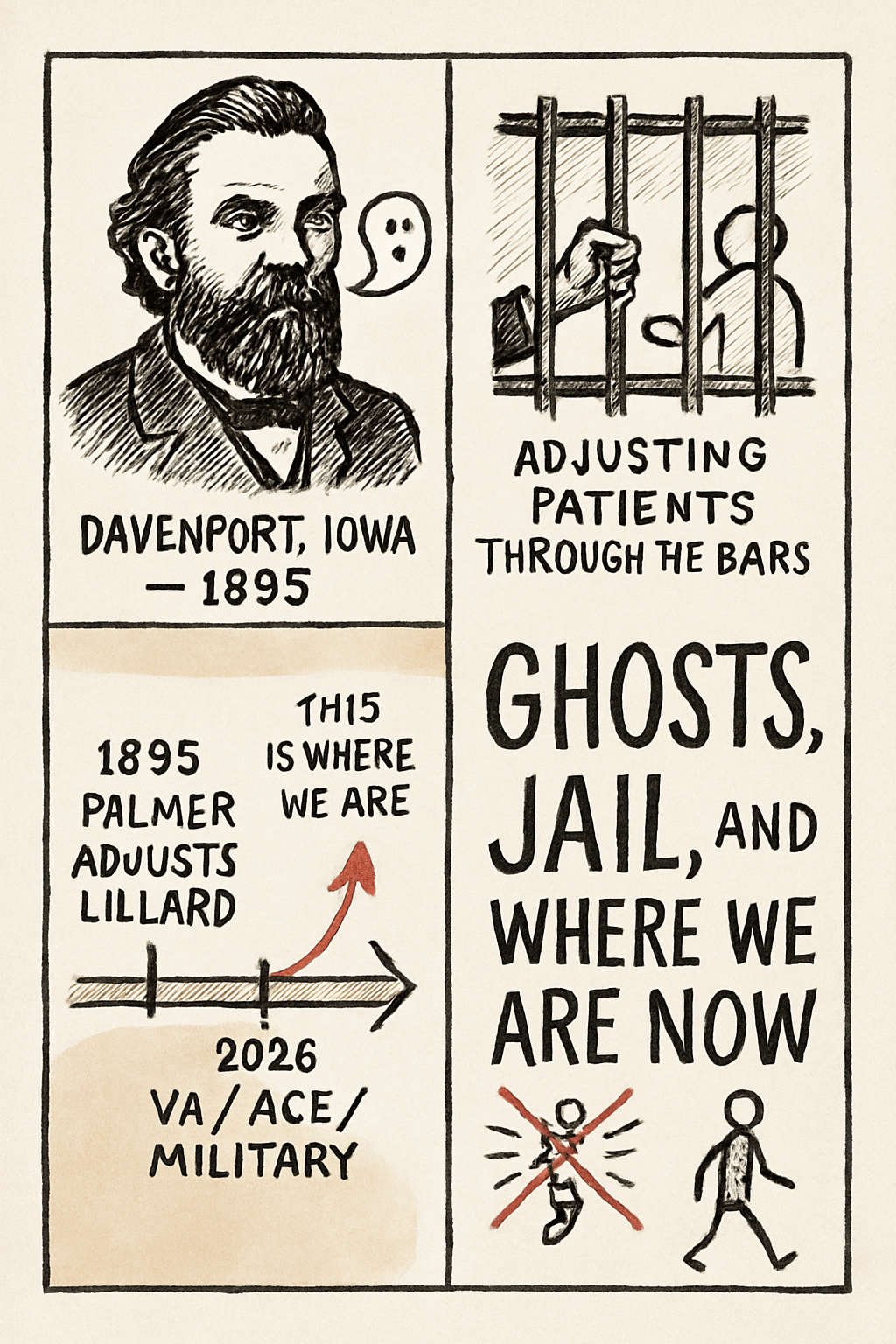 Four-panel sketchnote showing D.D. Palmer portrait, jail bars adjustment, timeline, and headline.