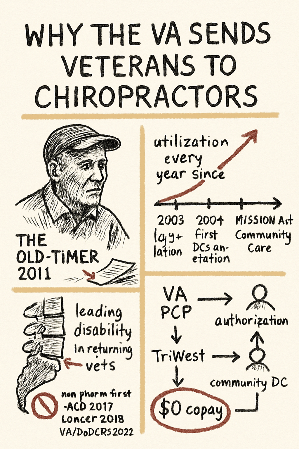 Four-panel sketchnote showing veteran portrait, VA timeline, spine diagram, and Community Care flowchart.